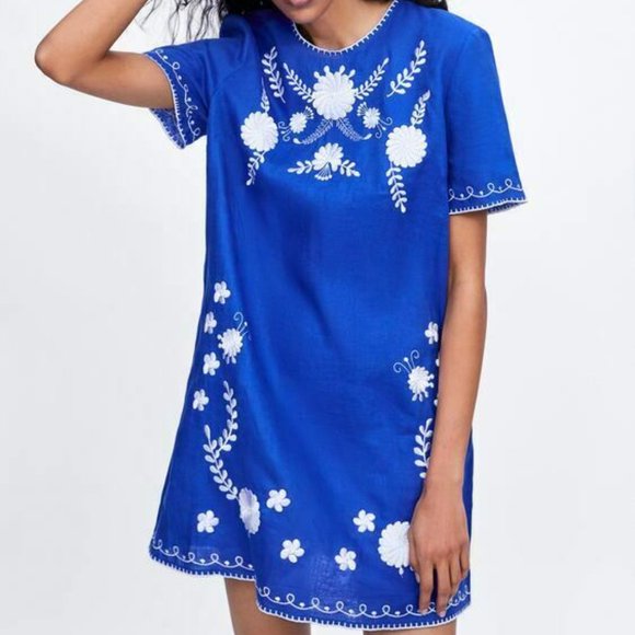 Zara Embroidered Floral Shift Linen Dress Blue White Women's Size Small H12693 - Picture 1 of 11